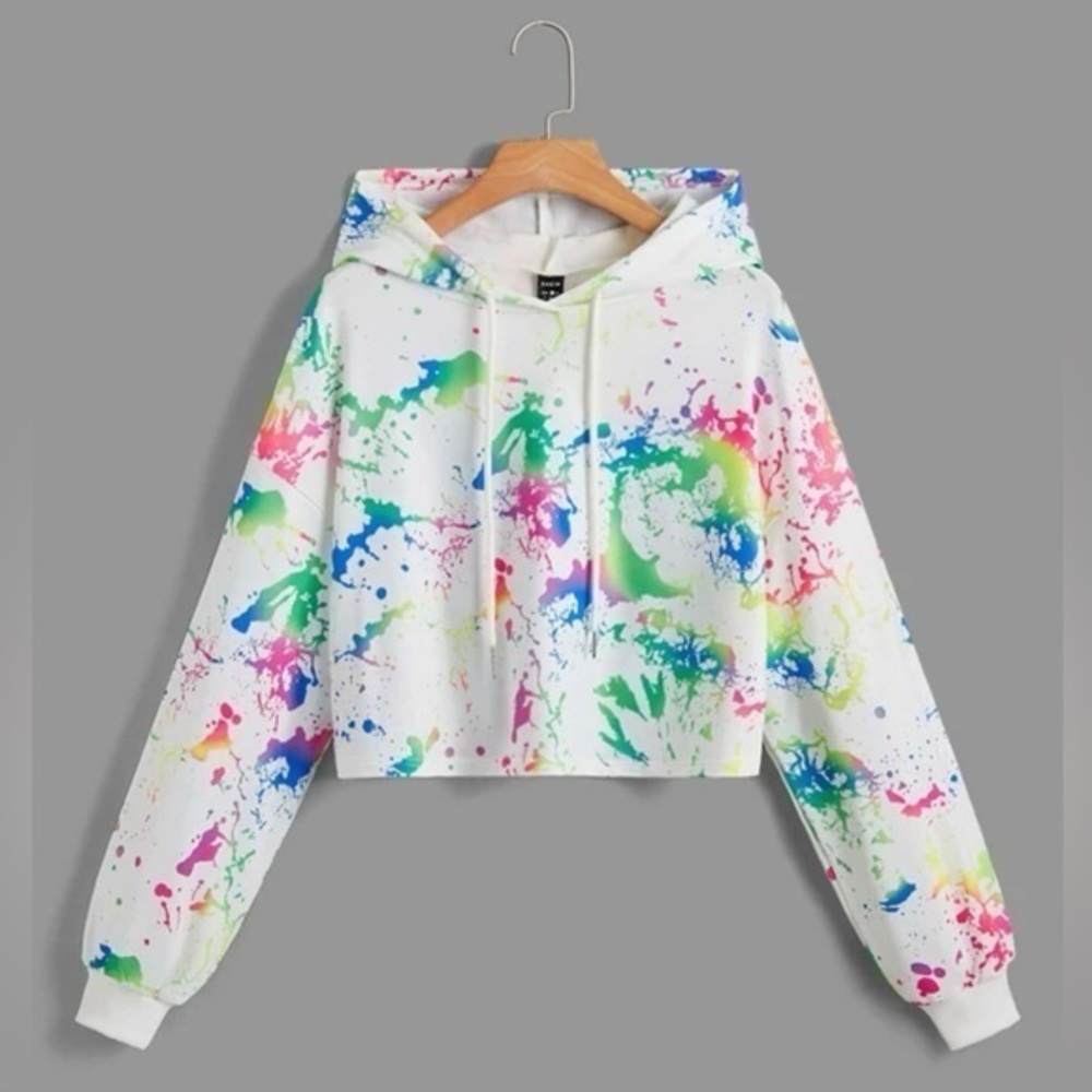 SHEIN White Rainbow Paint Splat Crop Hoodie XS